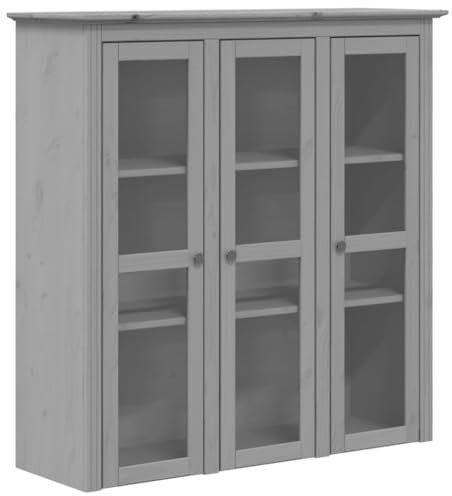 vidaXL Armario con Puertas de Vidrio, Estantería con Almacenaje, Mueble Superior de Tocador, Vitrina para Cocina, Madera Maciza de Pino Gris
