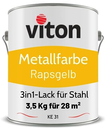 Viton Metallfarbe in Gelb - 3,5 Kg Metall-Schutzlack Seidenmatt - Dauerhafter Schutz & Beständigkeit - 3in1 Grundierung & Deckfarbe - Metalllack direkt auf Rost - KE31 - RAL 1021 Rapsgelb
