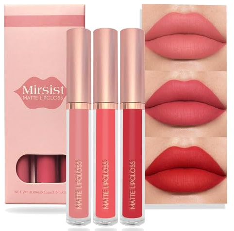 3PCS Red Lip Gloss Set, Waterproof Plumping Liquid Lipstick Long Lasting | Nude red velvet matte finish. Smooth lip stain color. Makeup gift for girls women.