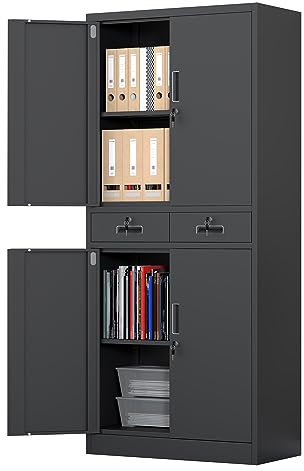 JINGUR Metal Storage Cupboard with Locking Doors and 2 Drawers, Lockable Steel Storage Cabinets with Adjustable Shelves for Home Office Garage Kitchen Pantry (Black)