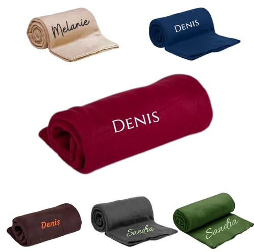 Pet-Jos Personalisierte Kuscheldecke Bestickt mit Namen oder Wunschtext Bestickt, 200 cm x 160 cm, Wohndecke Personalisieren mit Stickerei, weiche und kuschelige Sofadecke, hochwertiges Fleece (Rot)