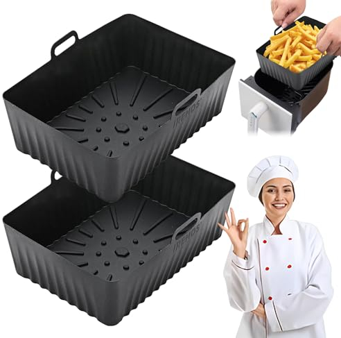 IRENOS® Air Fryer Liners Pack of 2, 8QT Silicone Air Fryer Liner, Resuable Ninja Air Fryer Liners, Air Fryer Accessories for Ninja Dual AF300UK AF400UK & Tower T17088 7.6-9.5L (Black)