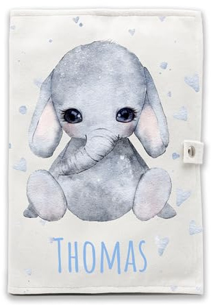 Personalisierbare U-Heft Hülle mit Tiermotiv und Herzen - Druckknopfverschluss, Weiches und strapazierfähiges Flanell - Untersuchungsheft und Impfpass Schutzhülle mit Text (Elefant)