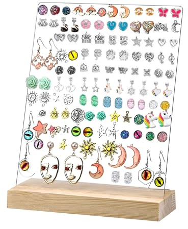 KYSUN Ohrringstifte Display Stecktafel Acryl 108 Löcher Ohrring Halter klarer Ohrring Display Ständer mit Holzsockel Ohrringe Haken Kleiderbügel Halter für Ohrring Halskette Schmuck Display