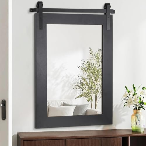 AAZZKANG Black Framed Mirror Large Barn Door Style Wood Mirror Rectangle Decorative Bathroom Bedroom Vanity Mirror Home Wall Decor 50x40cm