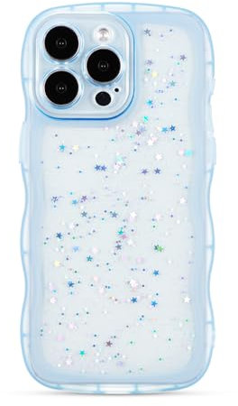 ZTOFERA Wavy Case for iPhone 14 Pro Max (6.7), Cute Girls Clear Curly Wave Frame Shape Bling Sparkle Star Glitters Soft TPU Back Cover Protective Phone Case Lightweight Shockproof Bumper Cover, Blue