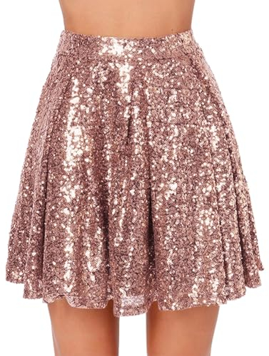 Glänzender Pailletten Minirock Damen - Plisseerock Shiny Metallic, Hohe Taille Glitzer Kurz, A-Linie, Party Club Kostüm, Faltenrock für Damen Kleidung Karneval