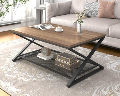 LVB Wood Coffee Table, Metal Wooden Living Room Table with Storage, Industrial 2 Tier Cocktail Tea Table with Mesh Shelf, Farmhouse Rectangular Low Middle Tables for Office Bedroom, 39 inch Rustic Oak