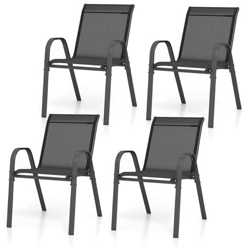 GiantexUK Garden Dining Chairs Set of 2/4, Metal Frame Outdoor Chairs with High Backrest & Armrests, Stacking Fabric Chair for Patio Backyard Poolside Lawn (4, Black)