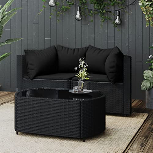 KLYEON 3-TLG. Garten-Lounge-Set mit Kissen Schwarz Poly Rattan,Gartensofa LoungeSet aus wetterfestem PERattan Komfort und Stil für Ihren Garten Terrassen Sitzmöbel