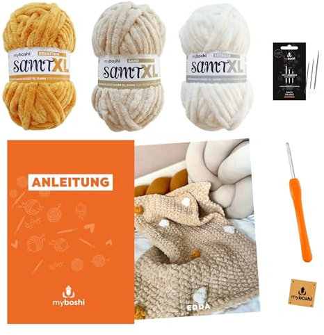myboshi Häkelset Kinderdecke Edda für Anfänger, inkl. Samt XL Garn, Häkelnadel, Wollnadeln, Anleitung, Label, 100% Polyester, Beige (Sand) mit Häkelnadel