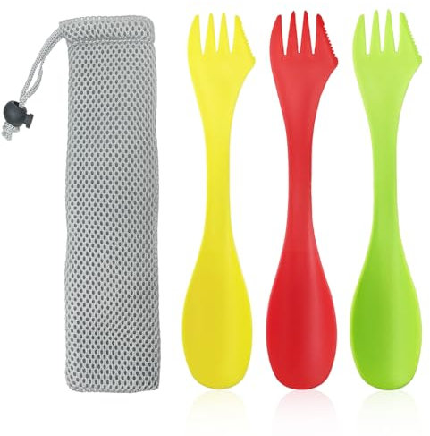 Lot de 3 cuillères-fourchettes en plastique 3 en 1 pour le camping, la randonnée, les voyages (rouge, vert et jaune)