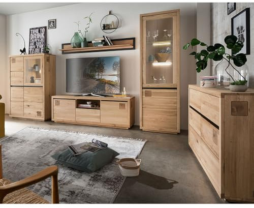 Lomadox Wohnzimmer Set 5-teilig Highboard Vitrinenschrank Sideboard Lowboard Wandregal modern in massiver Eiche