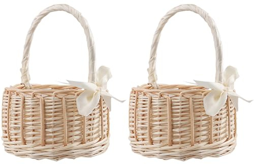 FUNSUEI 2 Stück Blumenkorb Hochzeit mit Schleife, 15 x 19 cm Blumenkörbe Blumenmädchen Korb, Klein Rattan Geflochtener Blumenkorb mit Henkel für Deko, Hochzeit