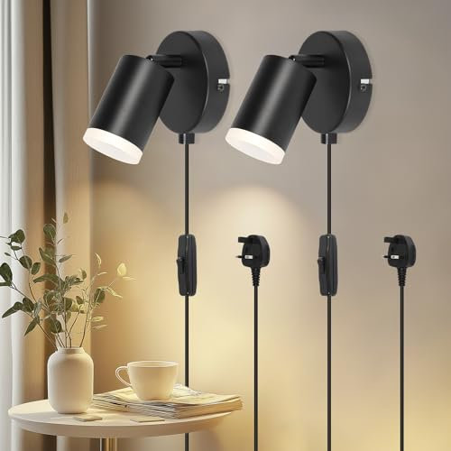 Dehobo Wall Light with Switch, Plug in Wall Spot Lamps GU10 Adjustable Wall Mounted Lights Aluminum for Bedroom Reading Room Cupboard Kitchen Desk Picture, No Bulb, 2 Pack