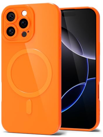 Svanove for iPhone 16 Pro Max Phone Case Silicone Magnetic, Compatible with Magsafe Case Cute for Women, Girly Bright Color Glossy Jelly Thin Slim Hard Mag Safe Rubber & Camera Cover, Neon Orange
