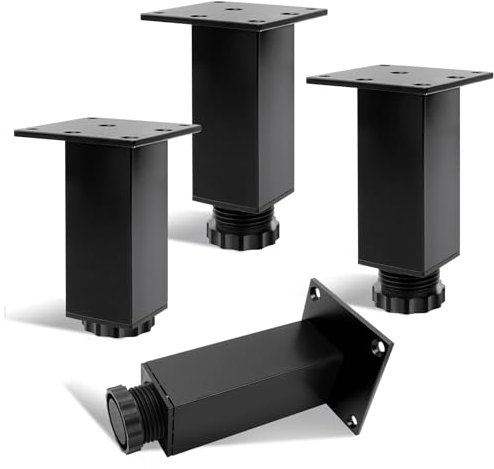 KINDPMA Lot de 4 10cm Pieds de Meuble Réglables Hauteur Carrés Pieds de Table en Alliage d'Aluminium Pied Canapé avec Vis pour Table, Meuble TV, Chaise Armoires, Lit,Noir