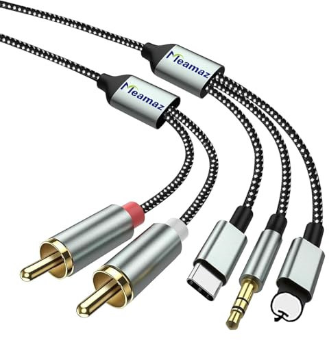 Meamaz 4.26FT/1.3M 3 in 1 Cavo RCA per telefono, Cavo RCA Audio AUX Adattatore da jack 3,5 mm/USB tipo C/L ightning a 2RCA per Tablet PC Lettore MP3, Amplificatore, Altoparlante, home theater e HiFi