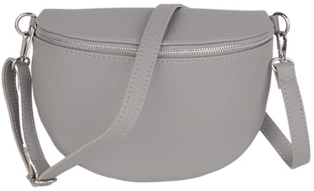 MIRROSI Damen Bauchtasche aus Echtleder, Made in Italy. Als Umhängetasche, Brust- oder Schultertasche tragbar, 26x20x8 cm, Reißverschlussfach hinten. (Grau Basic Version)