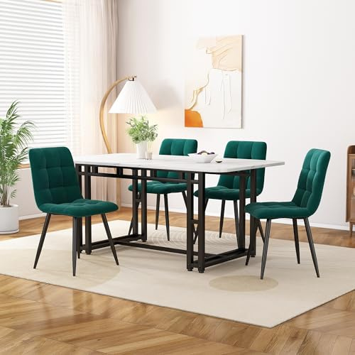 HAUSPROFI Esstisch Set mit 4 Stühlen, Rechteckig Küche Esstisch Sitzgruppe, Modern Design Holzmöbel Esszimmergruppe für Wohnzimmer Küche Büro (Grün + Schwarz, Samt, 120x74x70cm)