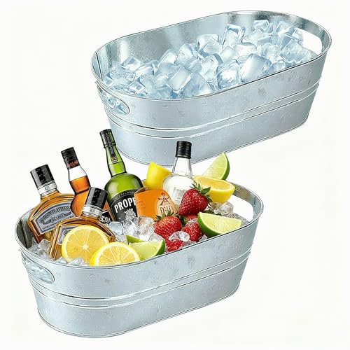 2-Pack Extra Large 14L Ice Buckets with Handles - Galvanized Steel Beverage Tubs for Champagne, Beer, Cocktails - Rustic Industrial Drink Tub for Mimosa Bar, Wedding, Backyard Parties