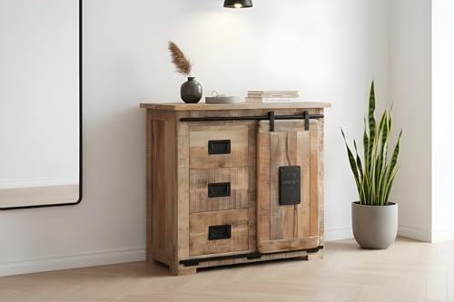 SAM Sideboard Libro VI, Mangoholz massiv + Rough, Kommode mit Holzschiebetür, 3 Schubladen & 2 offenen Fächern, Griffe, Türelemente & Reling aus Eisen, 90x45x85 cm