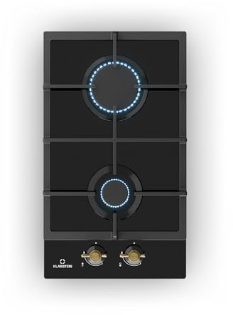 Klarstein Victoria Gas Hob, Built-in Gas Cooker with Sabaf Burners, Natural Gas/Propane, Safety Valves and Automatic Shut-Off, Cast Iron Pan Supports, Retro Glass Ceramic Design, 2 Burners, Black