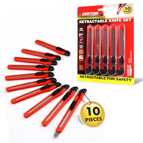 Dekton 10Pc Retractable Knife Set with Snap Off Blades Lightweight and Strong Ergonomic Handle Safety Retractable Design Ideal for Cutting Card Paper Leather Carpet and Other Materials