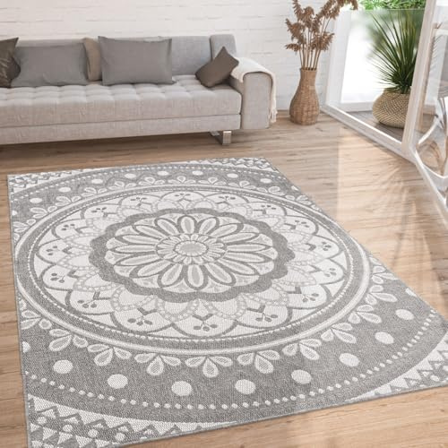 KADIMA DESIGN Teppich Kurzflor Mandala Wohnzimmer schmutzabweisend Grau Läufer 80x150 100% Polypropylen, Rücken aus Polypropylen pflegeleicht