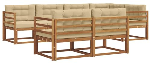 vidaXL Outdoor-Sofagarnitur mit Kissen 7 pcs Natur und Beige, Sofa-Set aus Akazienholz, wetterfeste modulare Gartenmöbel, Outdoor Lounge, Flexibles Sectional-Sitzarrangement