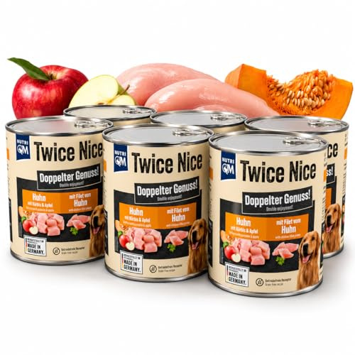 NutriQM Twice Nice Huhn Nassfutter für Hunde - 6x800g – Premium Hundefutter Nass mit Huhn & Filetstücken, Kürbis & Apfel - Getreidefreies Dosenfutter für Adult Hunde - Single Protein - Made in Germany
