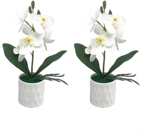 2 confezioni di orchidee Phalaenopsis artificiali in vaso, fiori finti realistici in bianco, viola, giallo, per casa, ufficio, matrimoni, eventi, decorazione da tavolo (bianco)