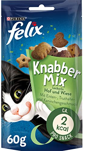 FELIX KnabberMix Hof & Wiese Katzensnack, Knusper-Leckerlie mit 3 Geschmacksrichtungen, 8er Pack (8 x 60g)