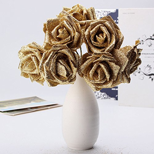 Tutoy 7Pcs Artificial Bouquet di Schiuma Glitter Artificiali Fiori Matrimonio Nuziale Partito Decor DIY Rose - Oro