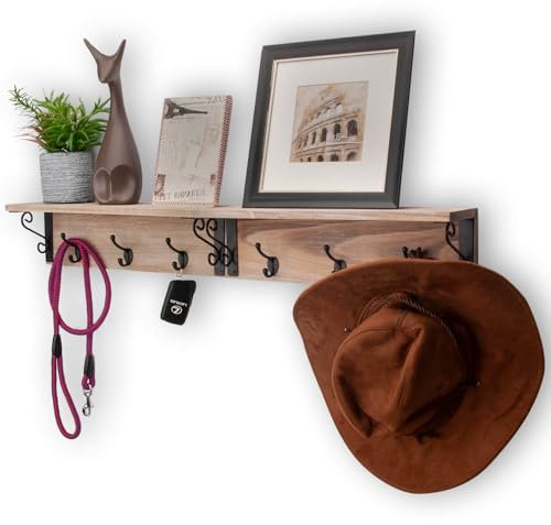 Spiretro Lot de 2 étagères murales flottantes avec crochets en métal - 40,6 cm - Porte-manteaux et laisses - Rangement décoratif pour entrée, couloir, chambre à coucher - Bois torché rustique - Gris