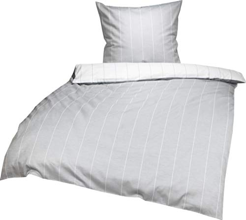 Lorena Monaco Mako Satin Wende Bettwäsche Streifen (Silber grau, 135 cm x 200 cm + 80x80cm Kissen) 100% Baumwolle mit Mélange-Effekt