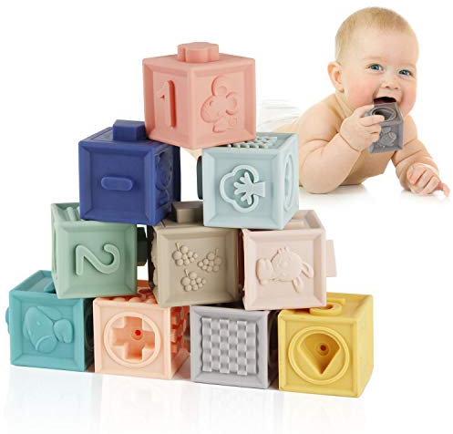 Mini Tudou Baby Bausteine Spielzeug Stapelwürfel Bauen Motorikspielzeug Baby Beißring,Lehrreich Lernspielzeug mit Zahlen Tiere Formen Texturen ab 6 Monate 12 Stück