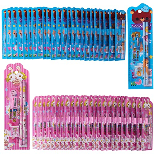 THE TWIDDLERS - 40 Kids Stationery Sets, 20 Pink & 20 Blue - Contains Two Pencils, Ruler, Sharpener & Eraser - Multipack Perfect Party Bag Fillers For Kids, Classroom School Prizes