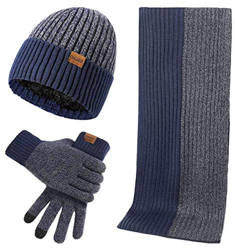 LumiSyne Winter 3 In 1 Mütze Schal Handschuh Sets Für Herren Damen Mode Einfache Zweifarbige Jacquard Touchscreen Handschuhe Beanie Strickmütze Langer Schal Verdickte Und Weiche Wolle