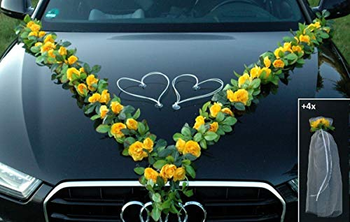 VIP Girlande 64 hochwertige Rosen 16 extrastarken Saugnäpfen 2 x 180 cm Girlande 4 Türgriffdekorationen 2 Rattanherzen Braut Paar Autoschmuck Hochzeit Car Auto Wedding PKW ®Auto-schmuck (Gelb)