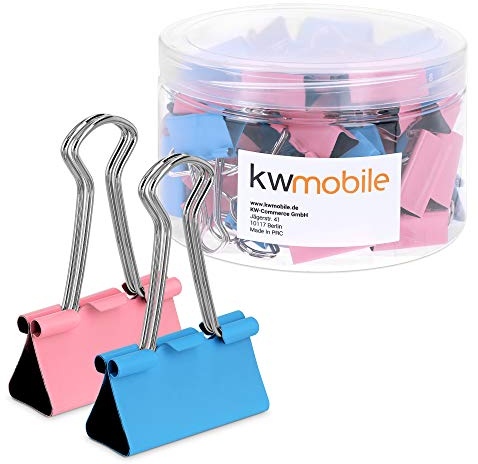 kwmobile 50x Foldback Klammern Set - 50x 32mm - Vielzweckklammer Büro Dokumenten Clips - Metall Maul Klammer Klemmen in Blau Rosa