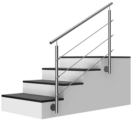 Edelstahl Treppengeländer Seitenmontage, 1m lang, 0,9m hoch, Außengeländer, je 2 Pfosten + 4 Querstreben + Handlauf mit Trägerplatten + Zubehör, Winkelverstellbar (L:1000mm H:900mm)
