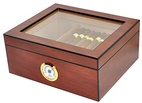 Eitida Zigarren Humidor Case für 25–50 Zigarren, gehärtetes Glas, handgefertigt, spanisches Zedernholz, Aufbewahrungsbox mit Trennwand, Luftbefeuchter und Hygrometer, Sapeli-Kirsche