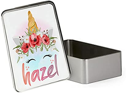 Personalised Unicorn Magicaly Stars Crown Castle Floral Girl ANY NAME BACK TO SCHOOL Portable Metal Tin Storage Box Biscuit Chocolate Tin Emergency Stuff Tin. (Rectangular)