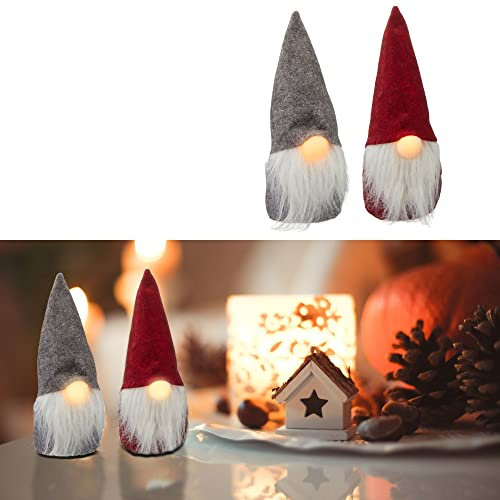 LED Wichtel zum Aufstellen 2er Set | H20cm grau rot Leuchtnase warmweiß | Weihnachtswichtel Zwerg Adventsdeko