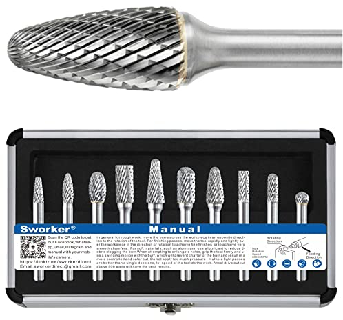 Sworker Hartmetall-Frässtift-Set, 6,35 mm Schaft, 10 Stück, mit Holzsockel, Schleif-Bits, Dreh-Raspelfeile für Metallschweißnähte, Beton, Stein, Holz, Kunststoff, Schnitzen, Schneiden, Reinigen,
