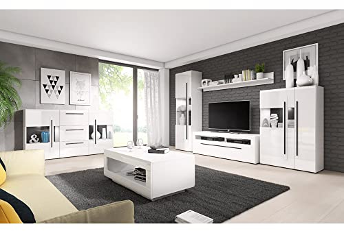 Lomadox Wohnzimmer Set inkl. Wohnwand Sideboard Couchtisch und Beleuchtung in Hochglanz weiß mit Absetzungen in schwarz