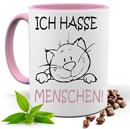 Blickfang Lustige Tasse mit Spruch |ICH HASSE MENSCHEN | Katze| Kakao- Kaffee- Tee- Fototasse| Geschenke für männer frauen | Keramik Tasse |Spülmaschinenfest (Rosa)