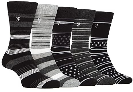 Farah - Mens 5 Pack Natural Organic Bamboo Bright Striped Patterned Socks (6-11, Charcoal/Black)