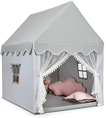 DREAMADE Kinderspielzelt Spielzelt für Kinder mit gepolsterter Decke & Fenstern & Holzrahmen, Kinderspielhaus, Tipi Zelt, Kinderzelt für drinnen, für Jungen & Mädchen (Grau)